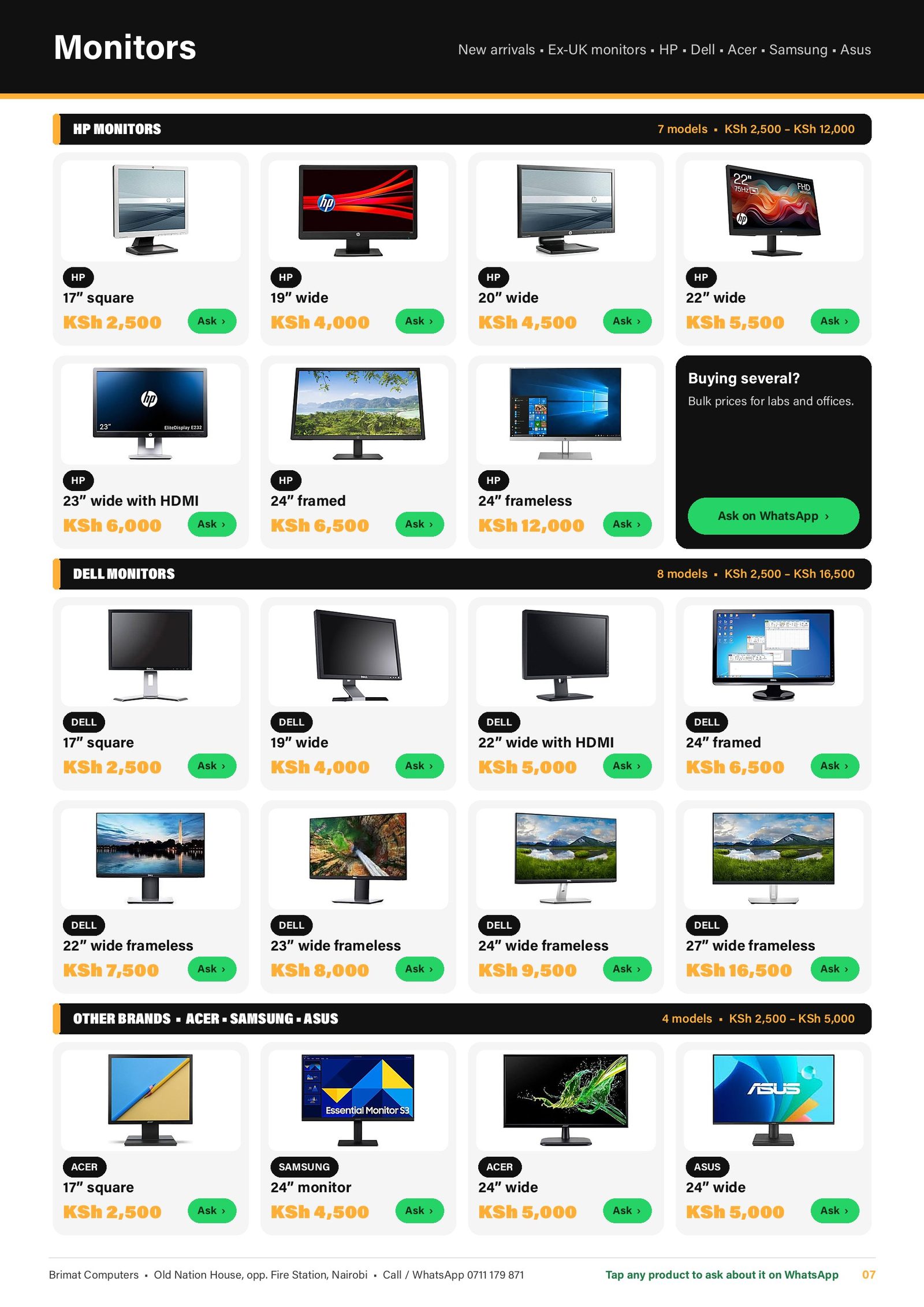 Monitors: HP, Dell, Acer, Samsung and Asus