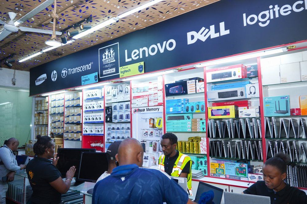 The Brimat Computers shop counter with HP, Dell, Lenovo and Logitech stock